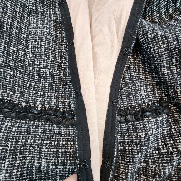 Rebecca Taylor Tweed Ruffle Ribbon Hem Open Front Blazer Jacket Black White sz L - Picture 7 of 11